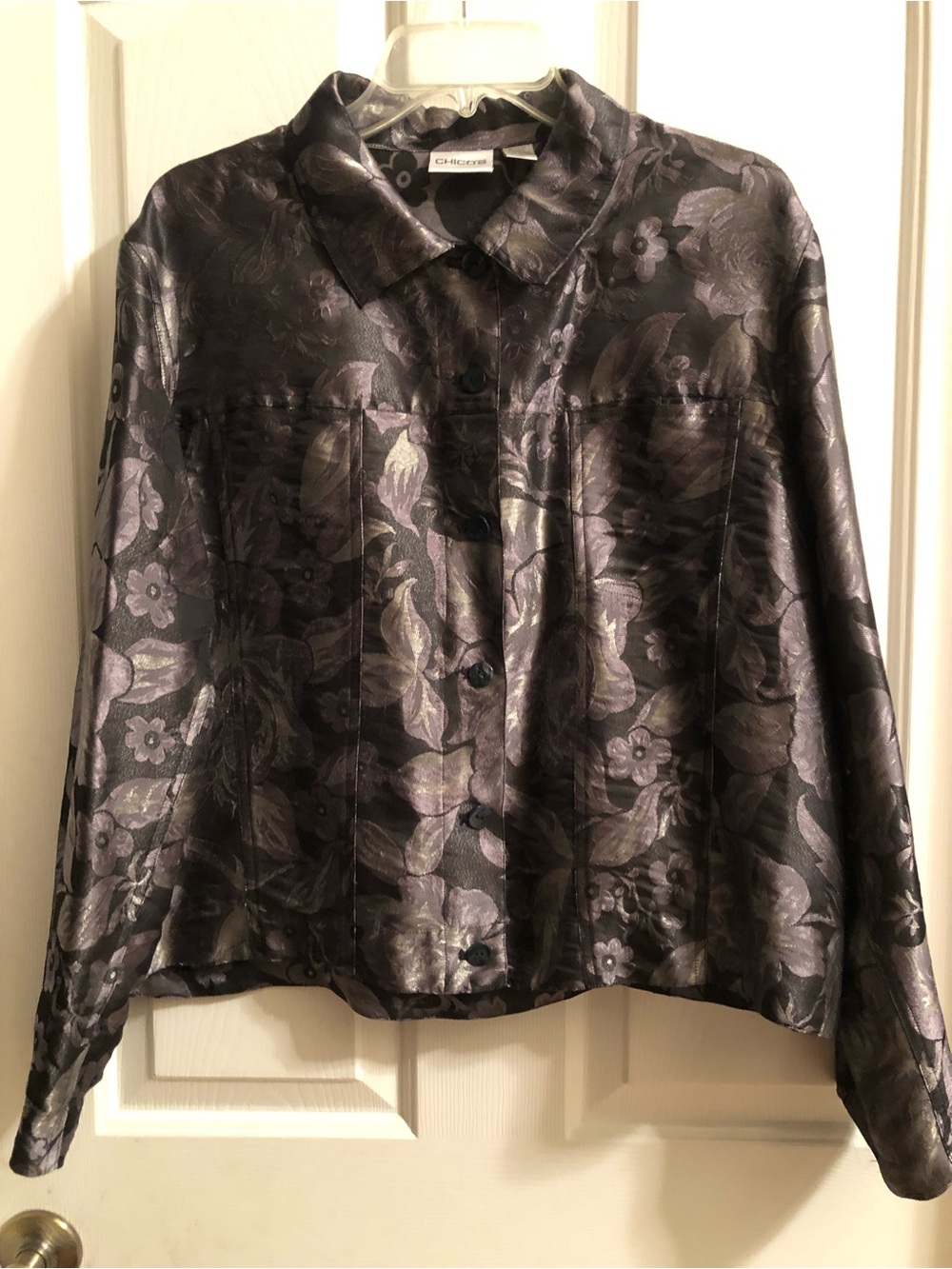 Chico's Metallic Floral Button-Front Jacket - Silver Gray Size 3 XL